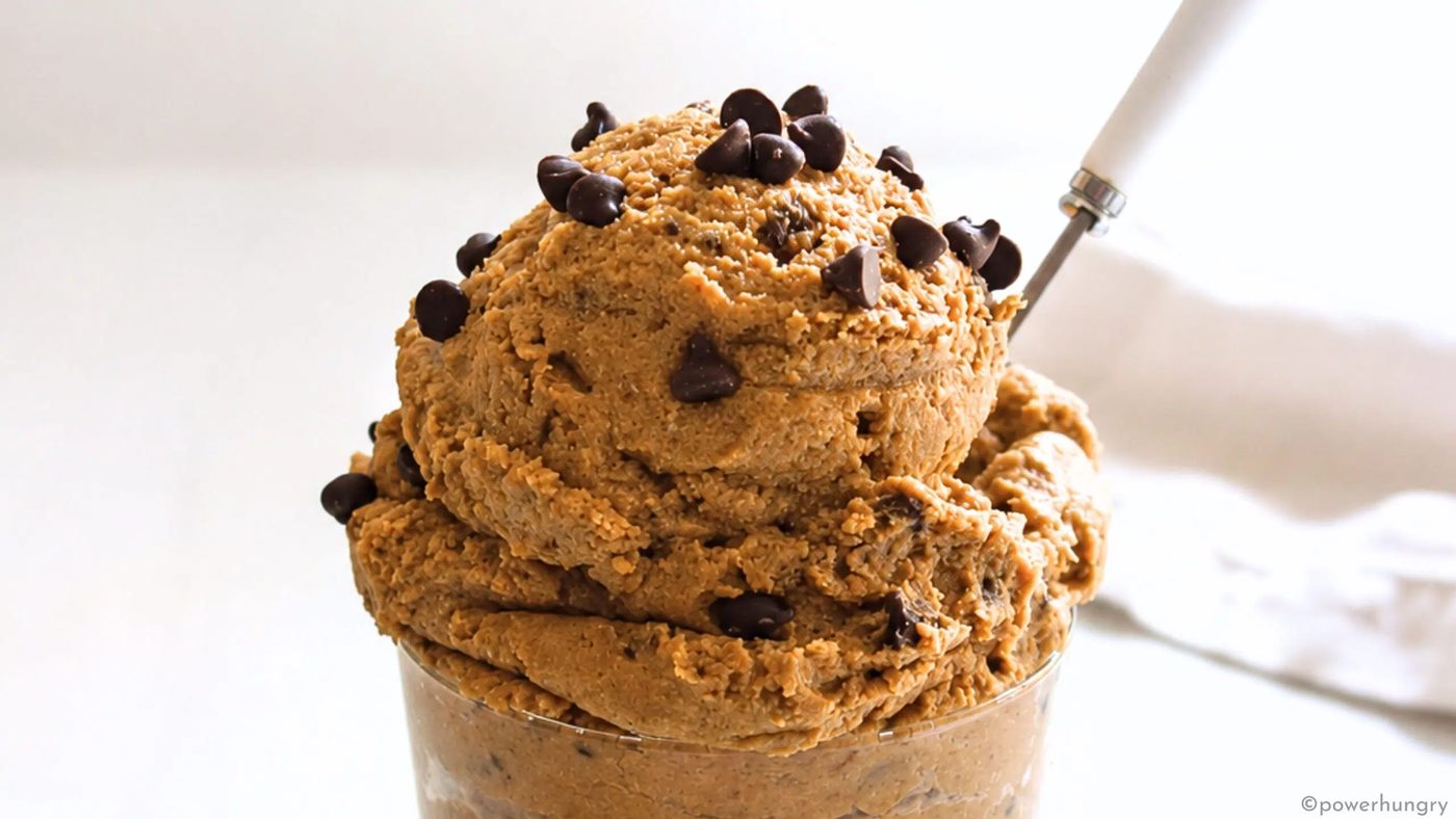 close up of a scoop of high protein lentil cookie dough