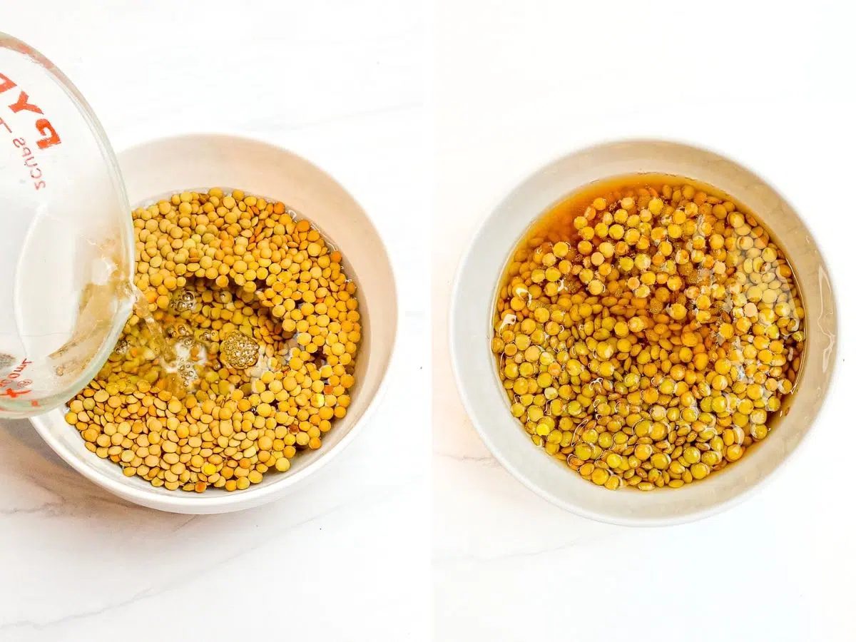 two photo collage showing the soaking of lentils