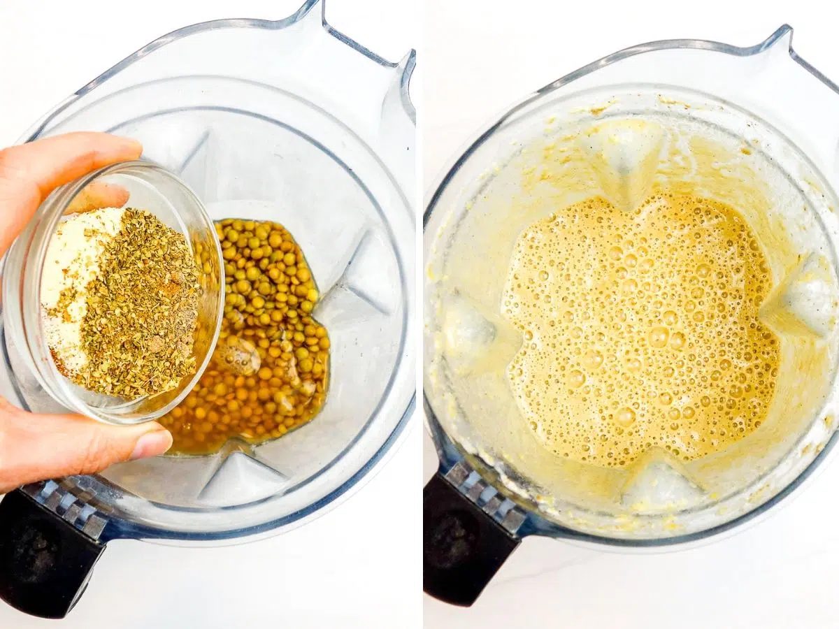 two photo collage showing how to blend lentil tofu gyros batter