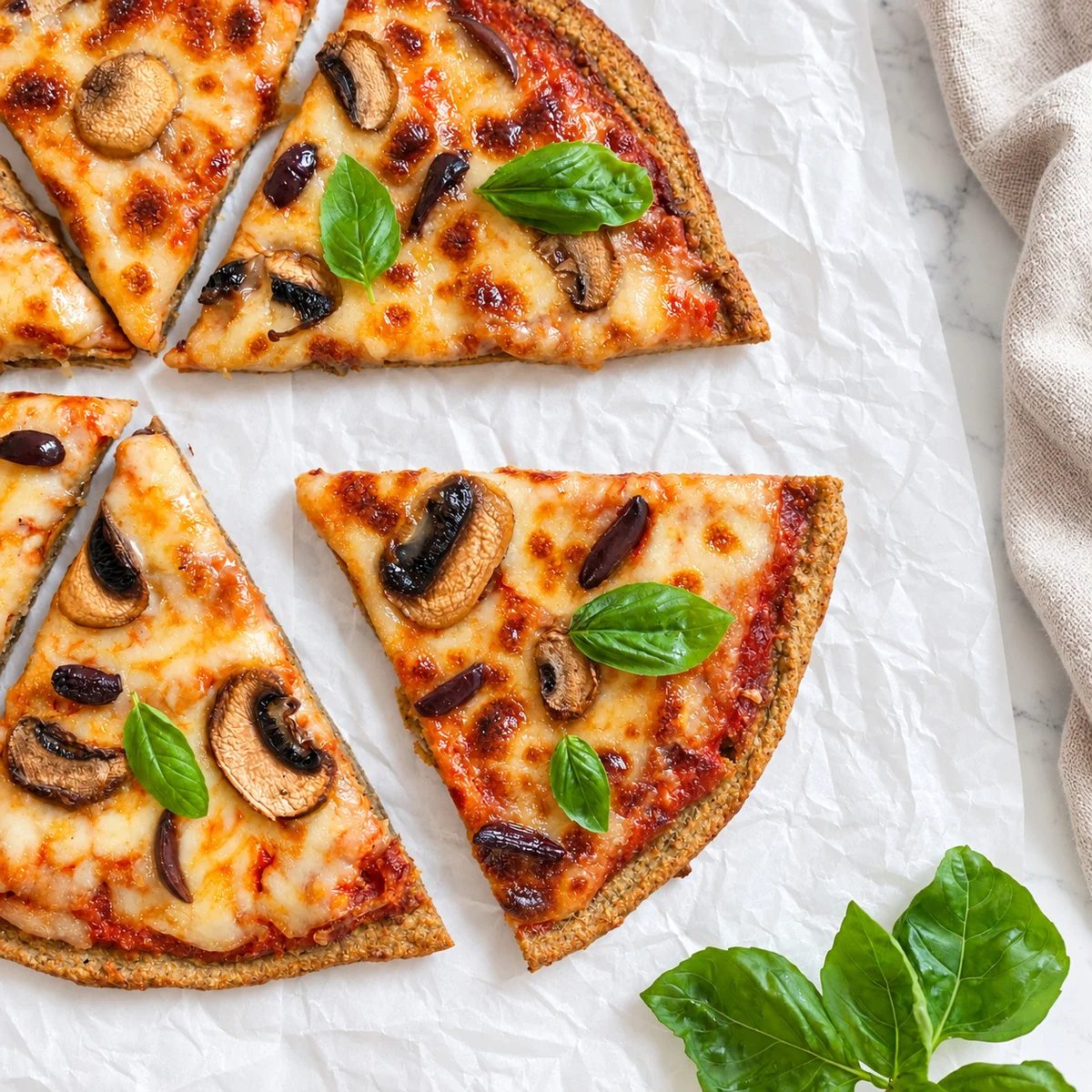 close-up of a slice of 2-ingredient lentil pizza crust finished pizza