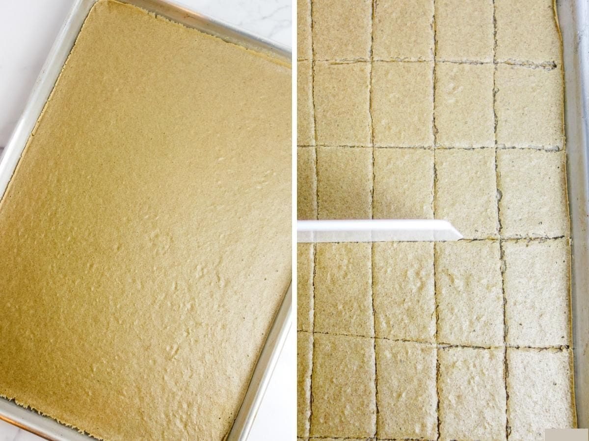 two photo collage showing partially baked crackers being scored into pieces