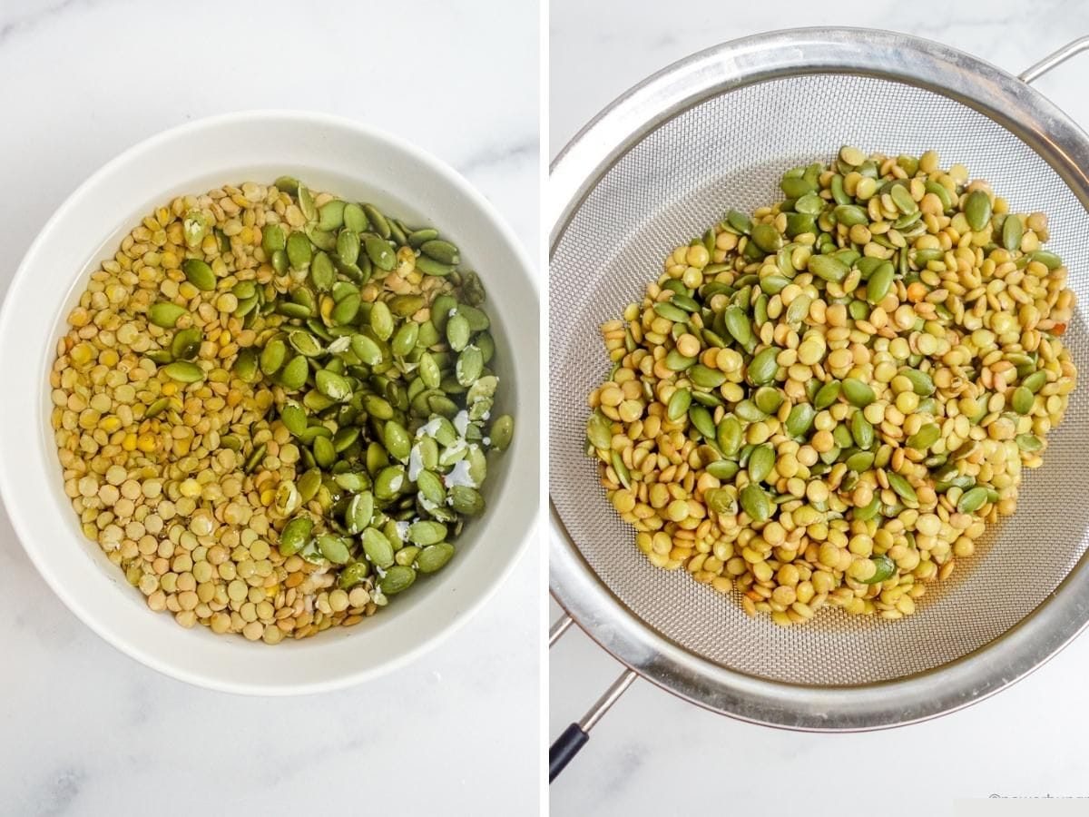 two photo collage showing the soaking of the lentils and nuts/seeds, and then the draining