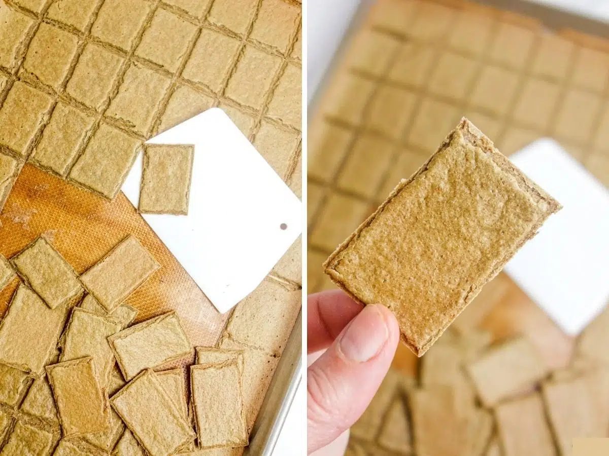 collage of two photos showing lentil crackers getting broken along score lines