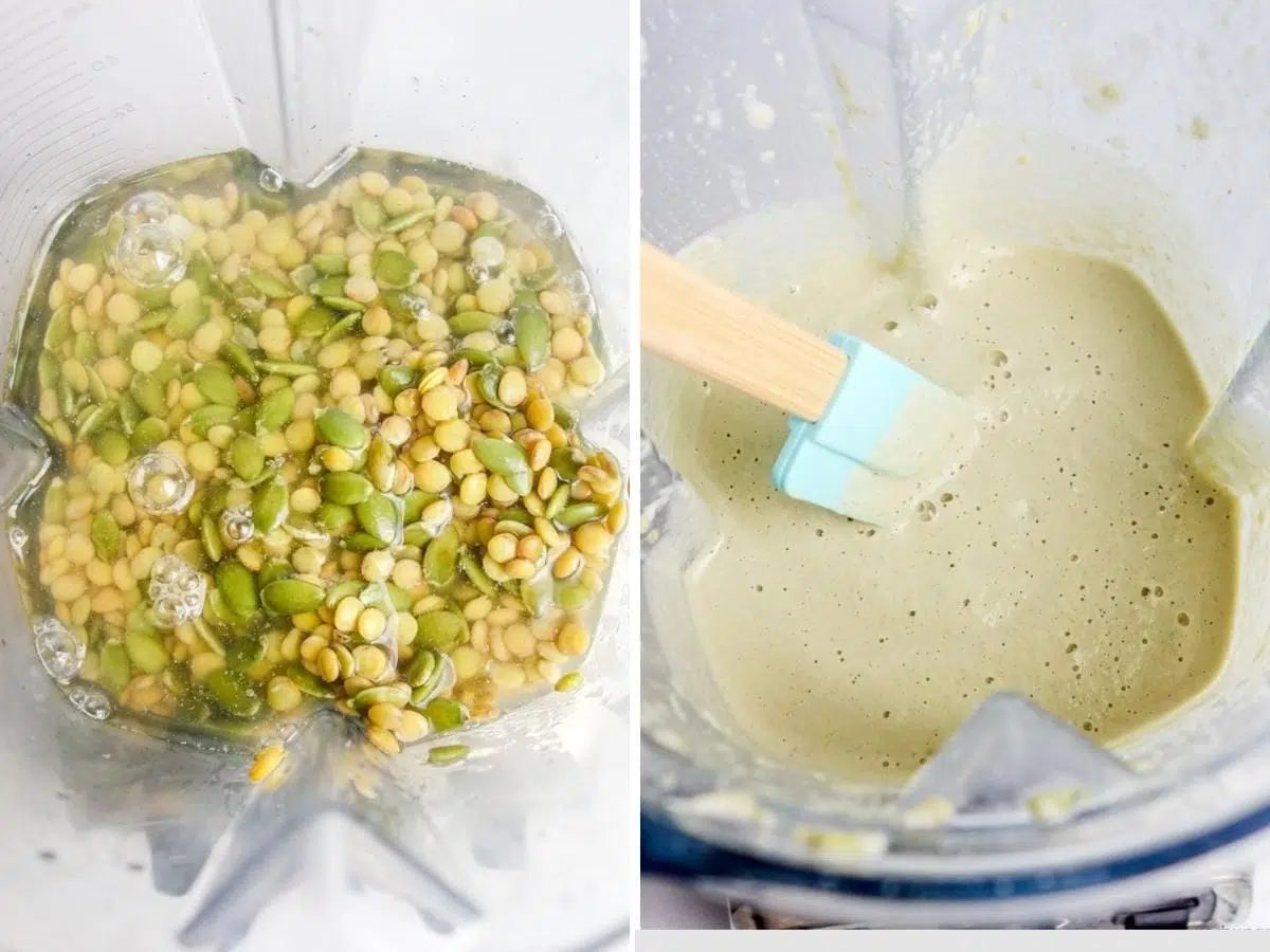 two photo collage showing the blending of the lentil cracker batter