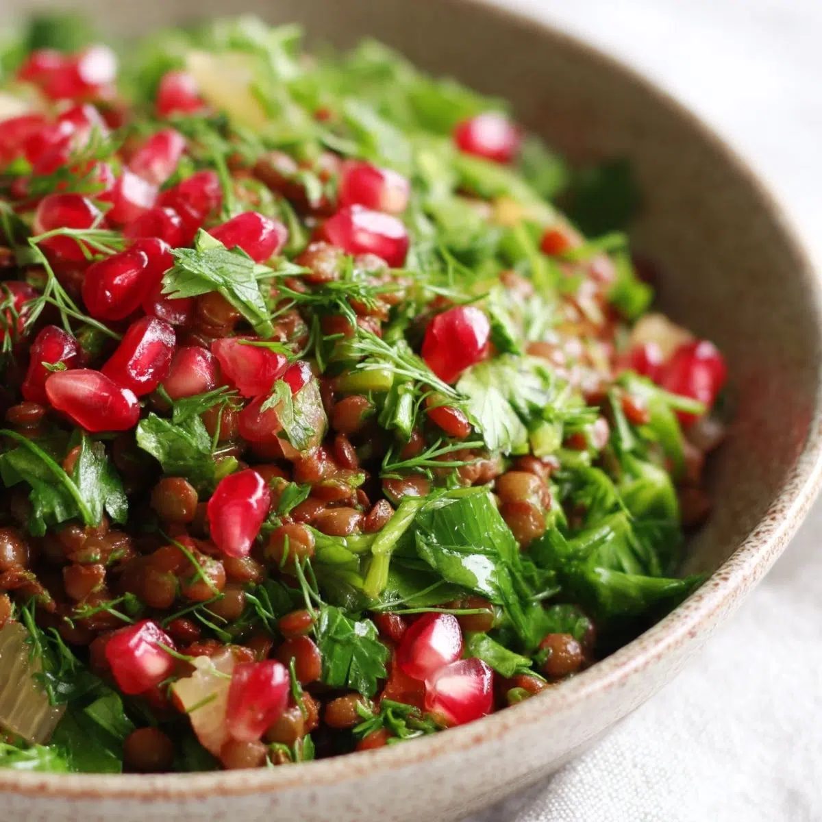 lentil pomegranate salad in an earthenware bowl