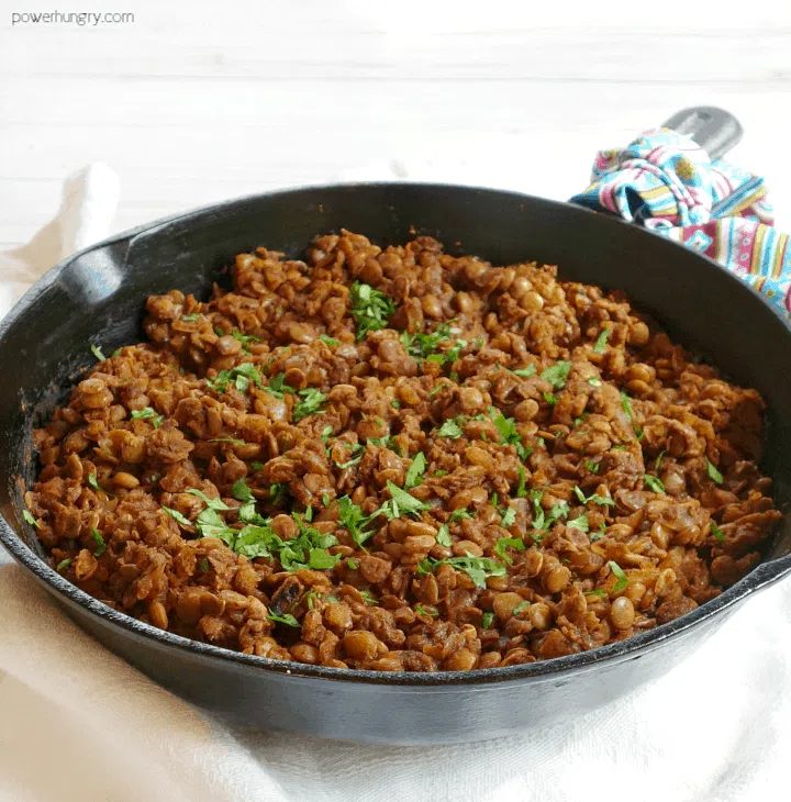Cast iron skillet of vegan taco meat