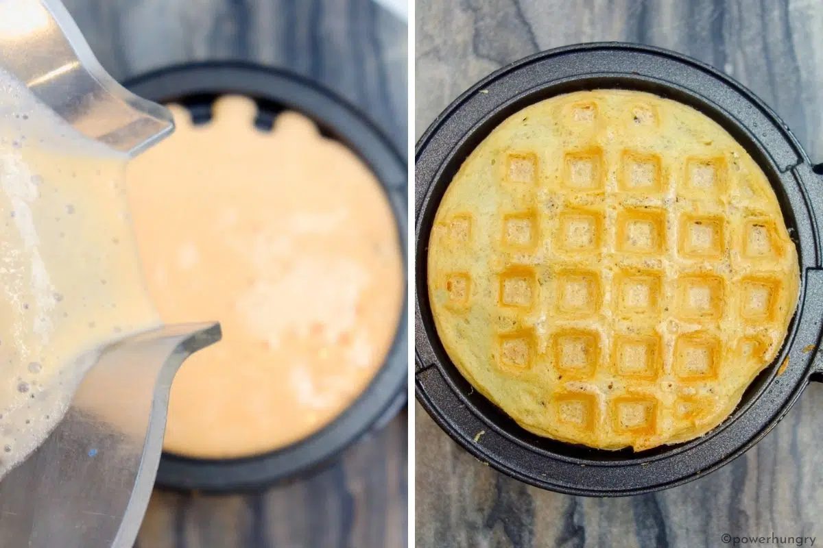 two photo collage showing how to cook a lentil waffle in a waffle maker.