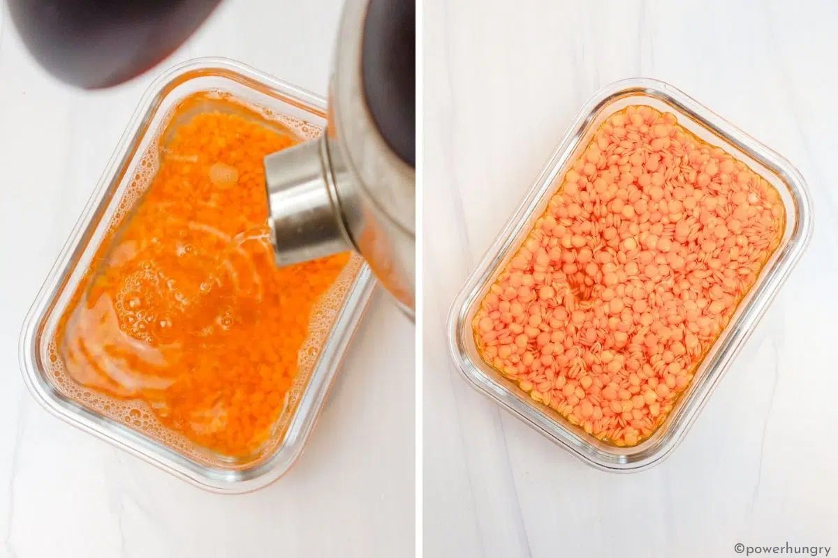 red lentils getting soaked for waffle batter