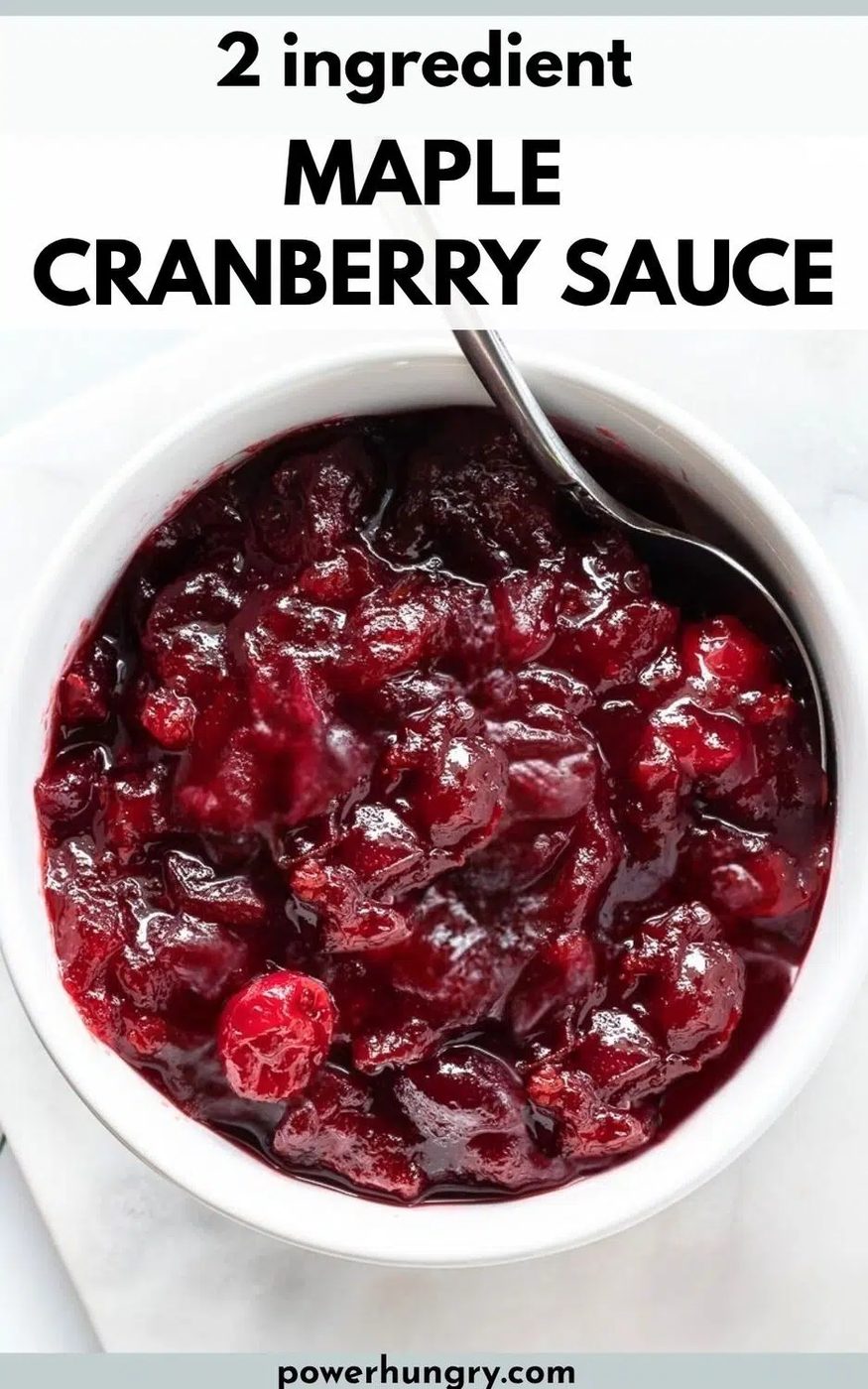 overhead shot of maple cranberry sauce in a white bowl