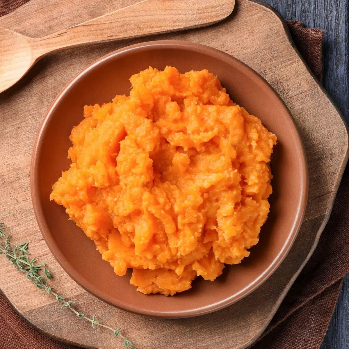 overhead shot of mashed sweet potatoes made with coconut milk