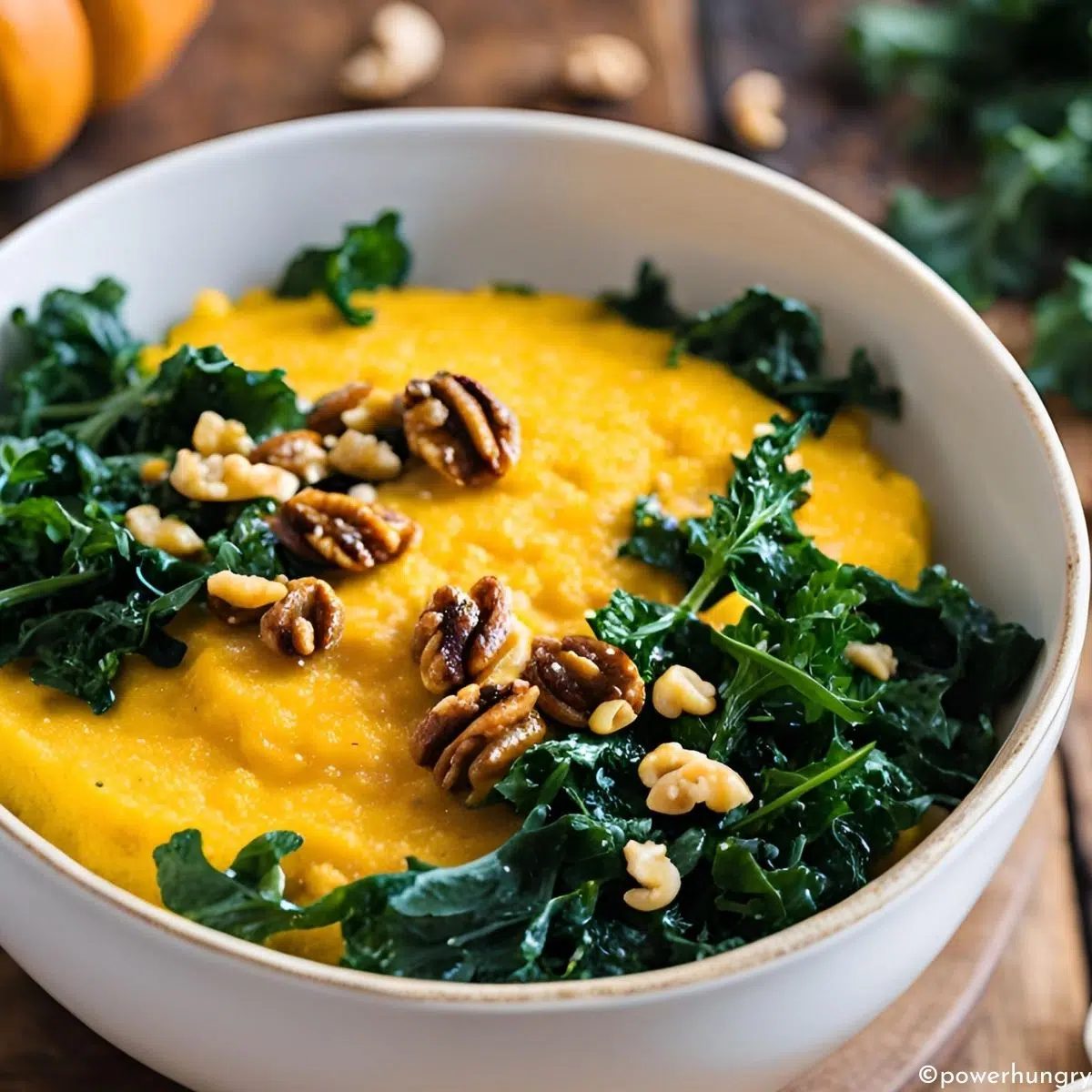 a white bowl filled with pumpkin polenta with kale on top