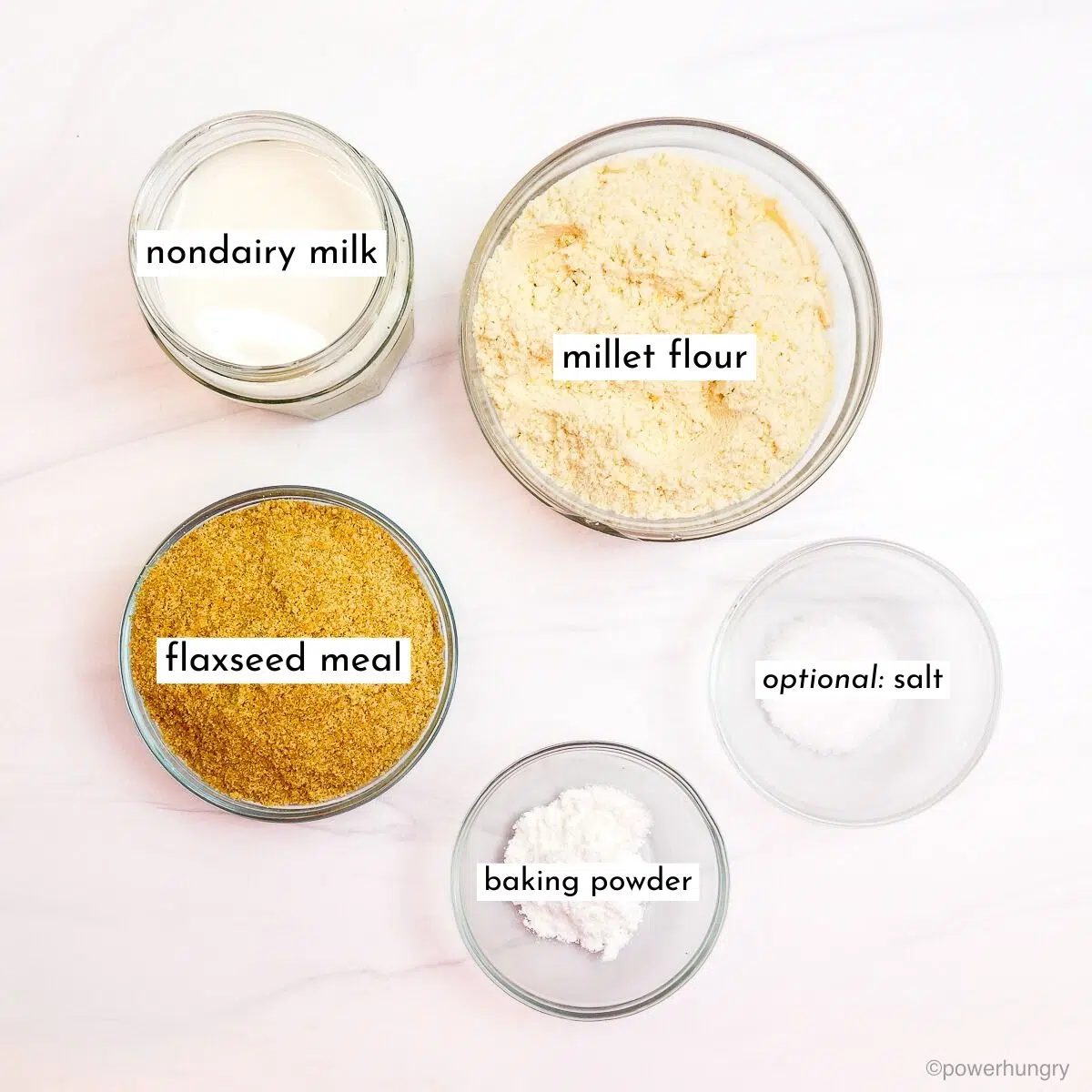 ingredients for straightforward millet biscuits in glass bowls