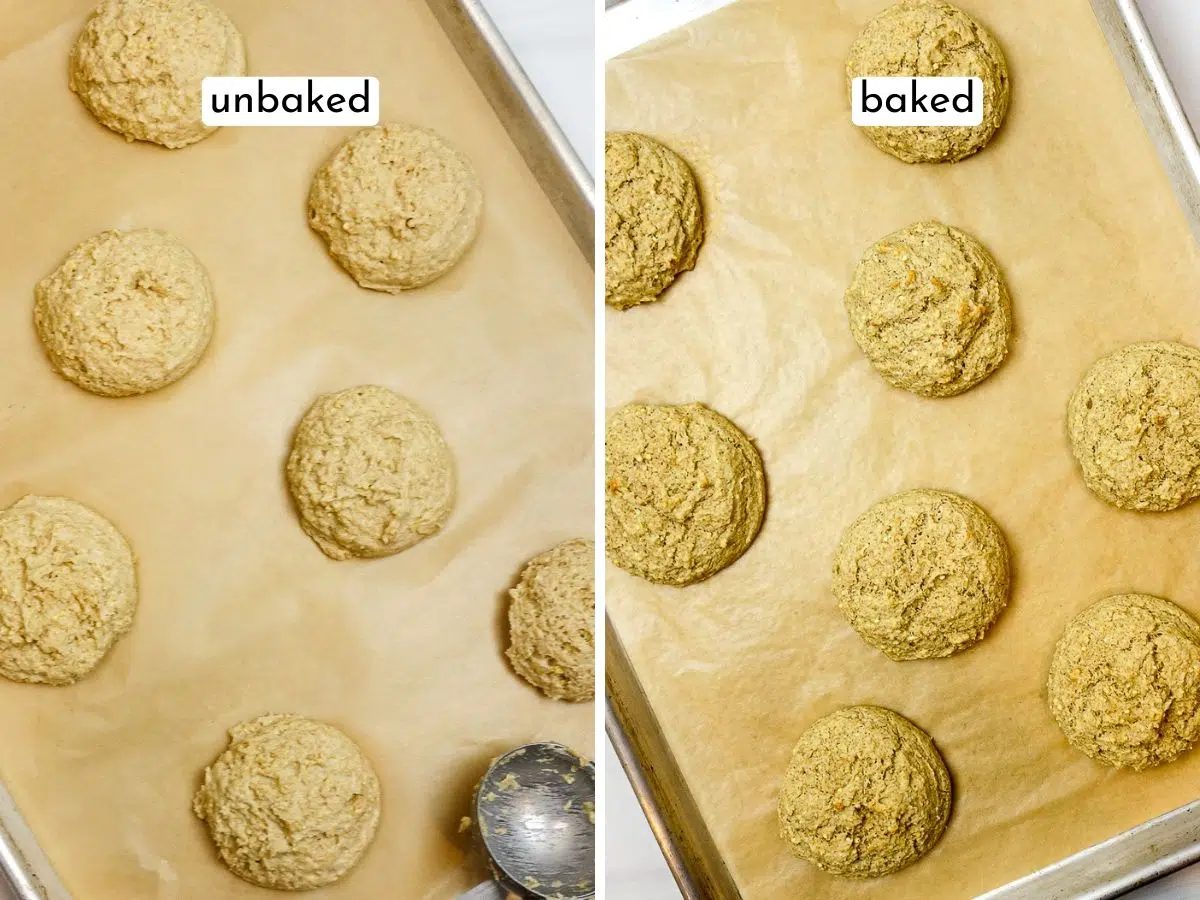 unbaked and baked millet biscuits on a baking tray