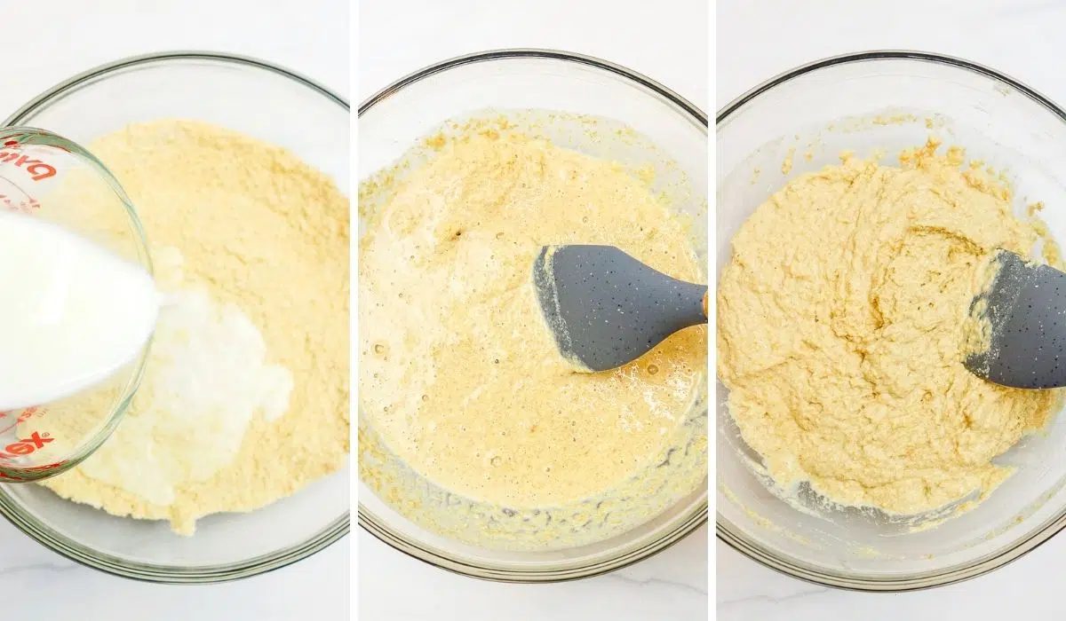 three photo collage showing the mixing of millet biscuit batter