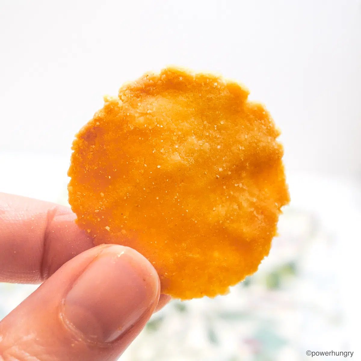 a single millet cracker, held in fingertips and thumb