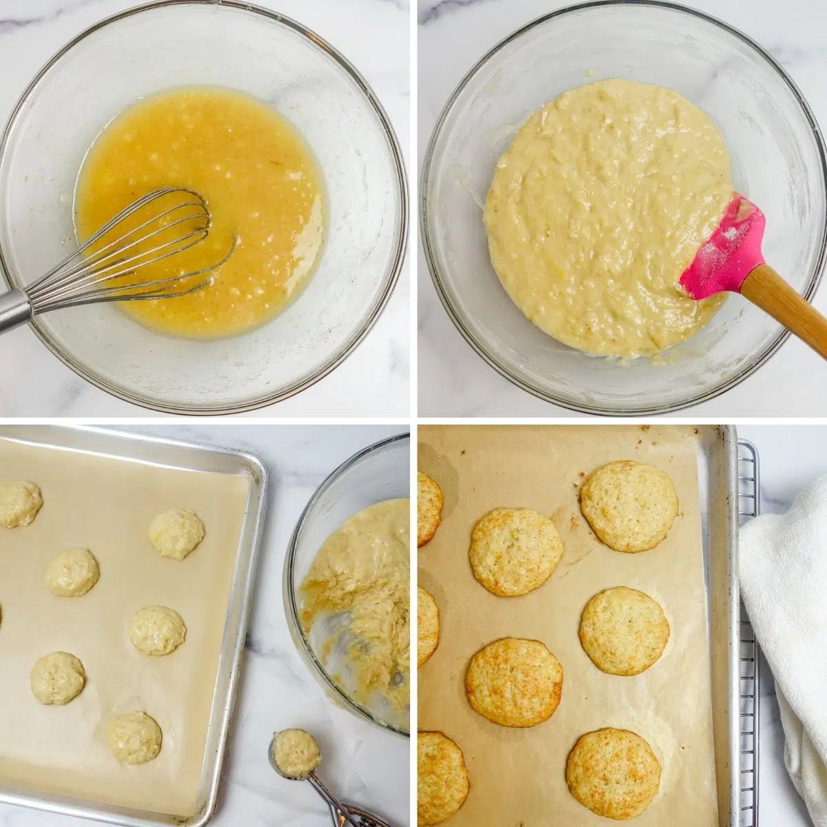 4 photo collage showing how to make millet flour banana cookies