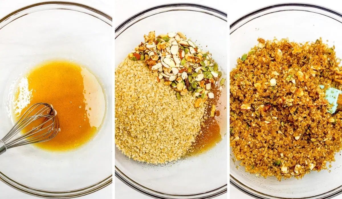 three photo collage showing the mixing of millet granola ingredients