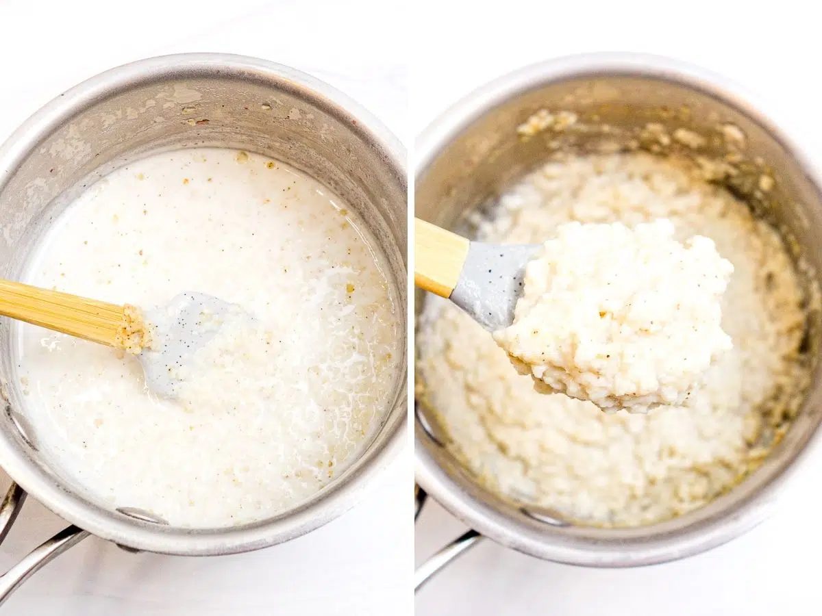 two photo collage showing the cooking of 5 minute millet porridge
