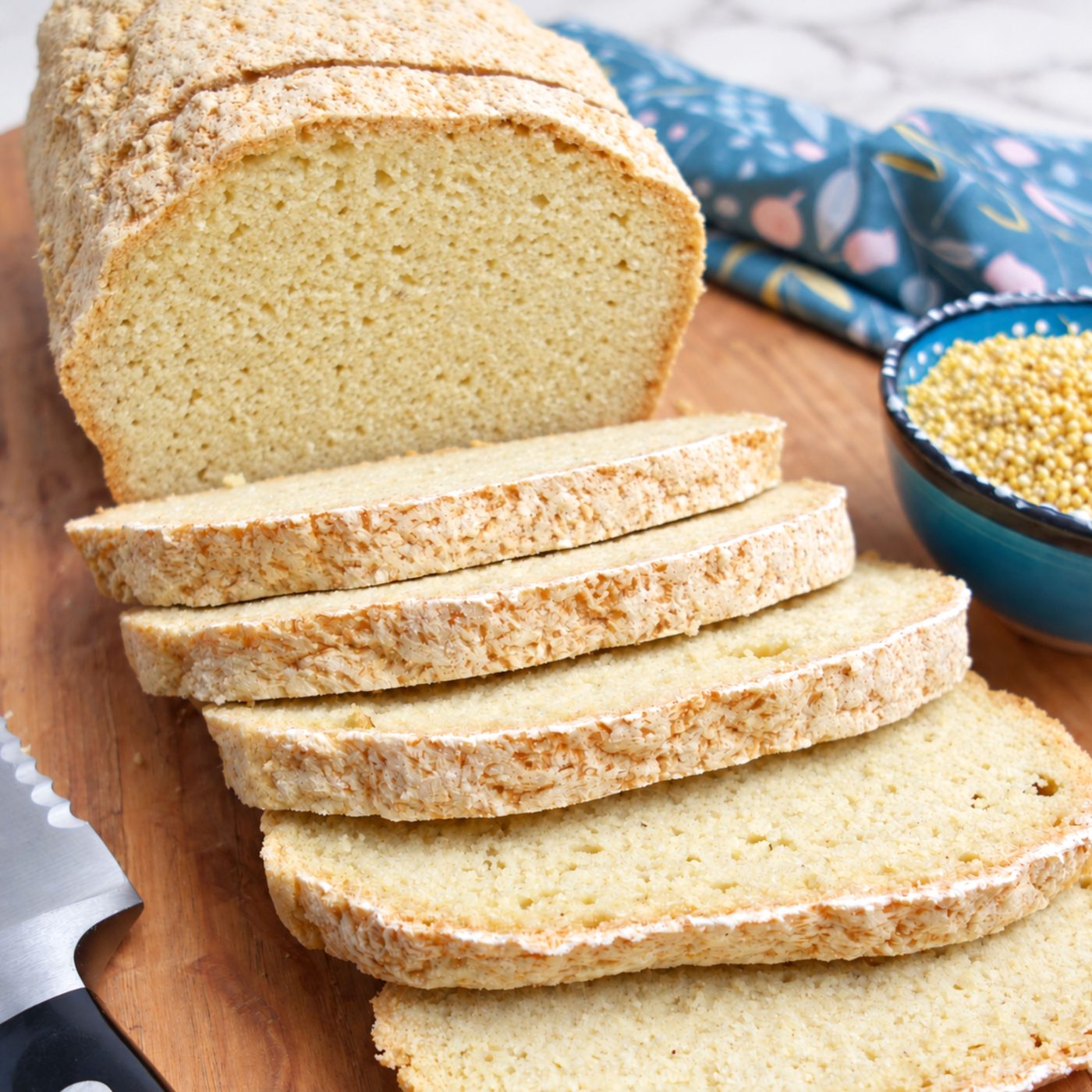 yeast-free 100% millet sandwich bread, sliced to reveal interior crumb