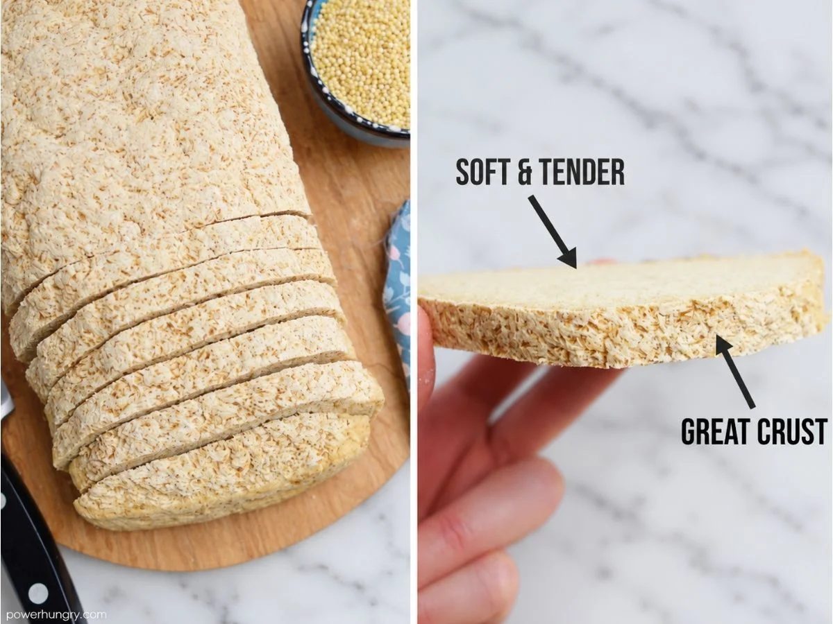 100% millet sandwich bread collage, showing it sliced