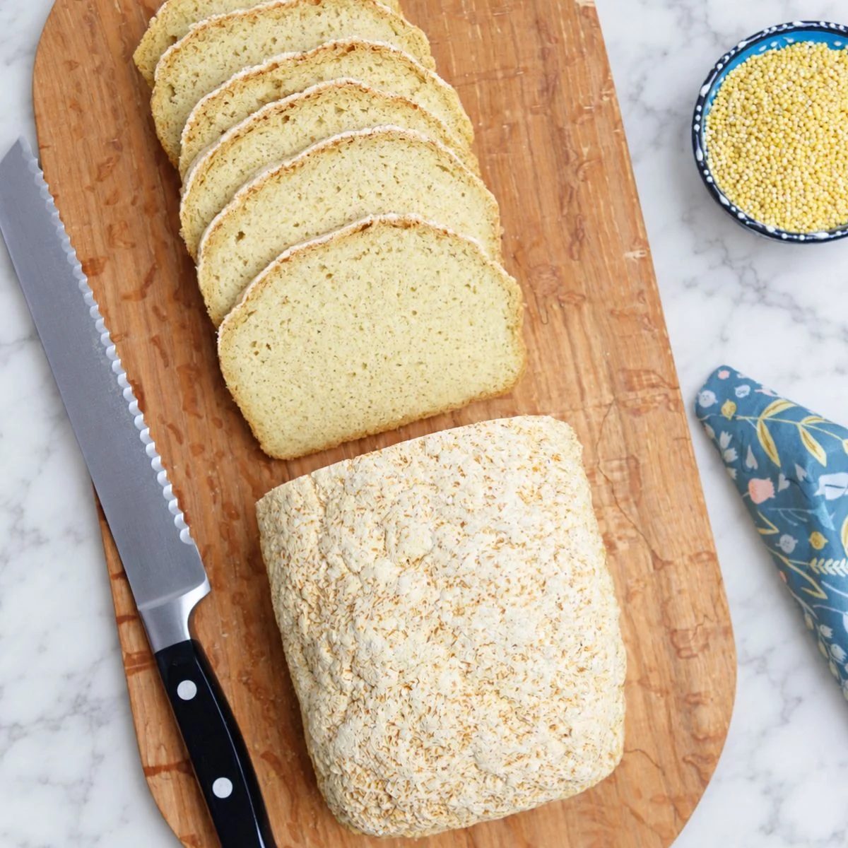 overhead shot of a loaf of yeast-free 100% millet bread