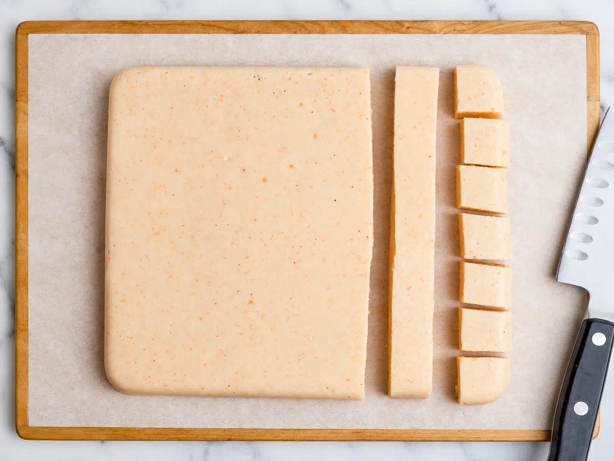 chilled tofu, inverted onto cutting board, cut into cubes
