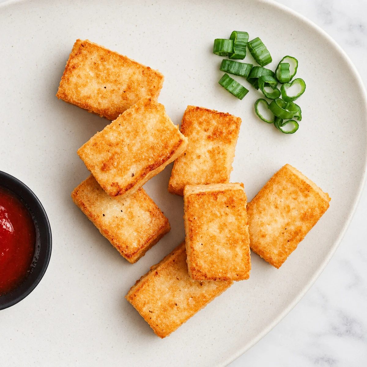 seared lentil tofu pieces on a plate