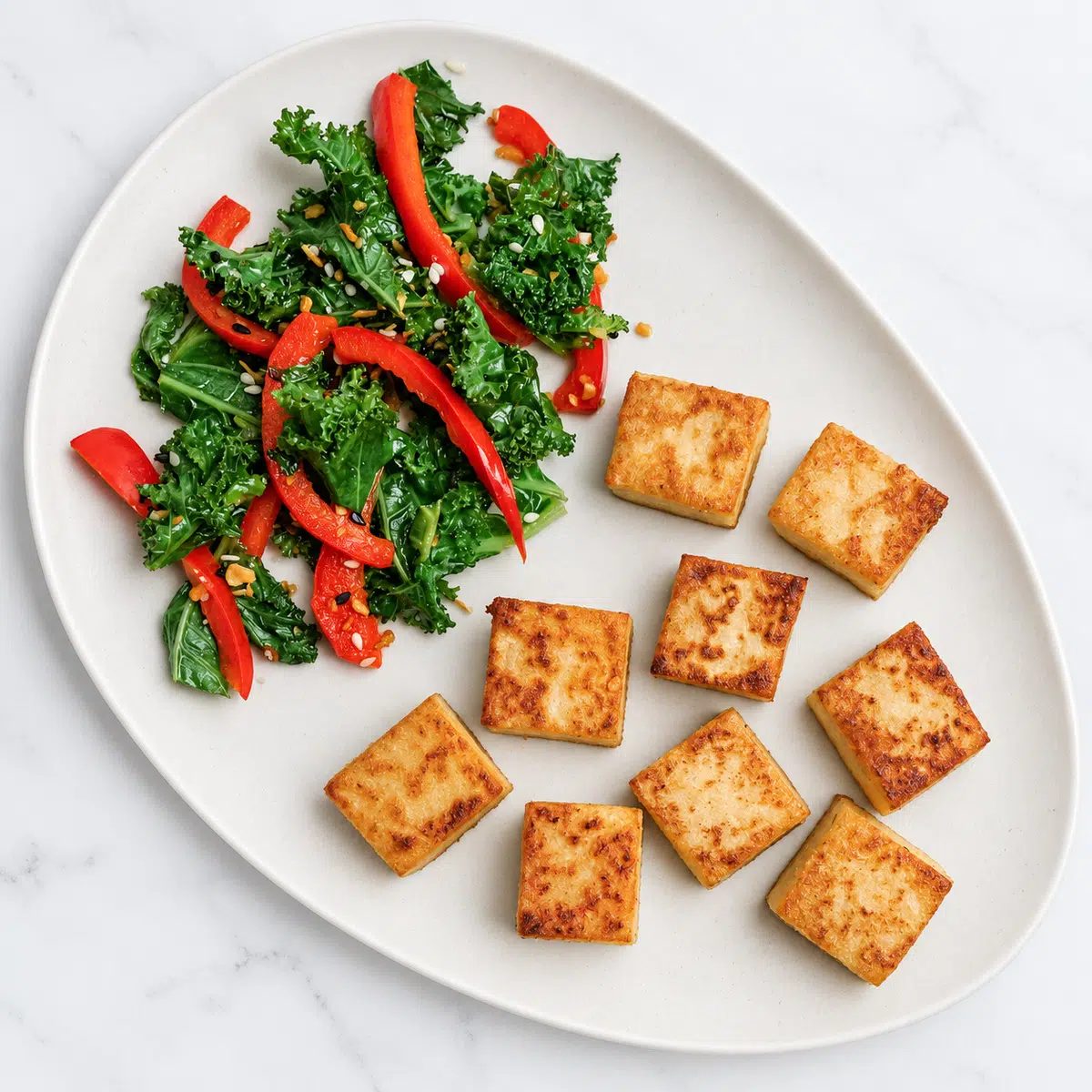 crispy tofu on a stoneware plate with sautéed kale and peppers