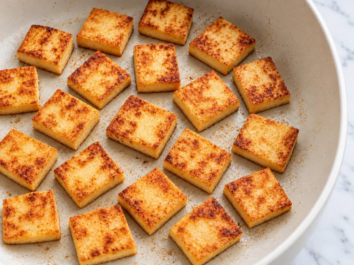 seared lentil tofu in skillet