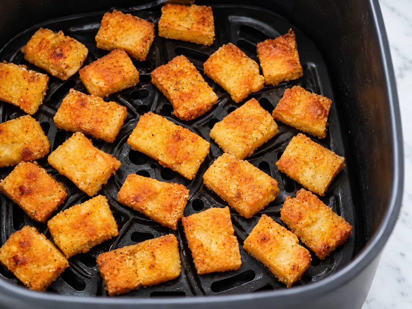 Krispy lentil tofu in air fryer basket