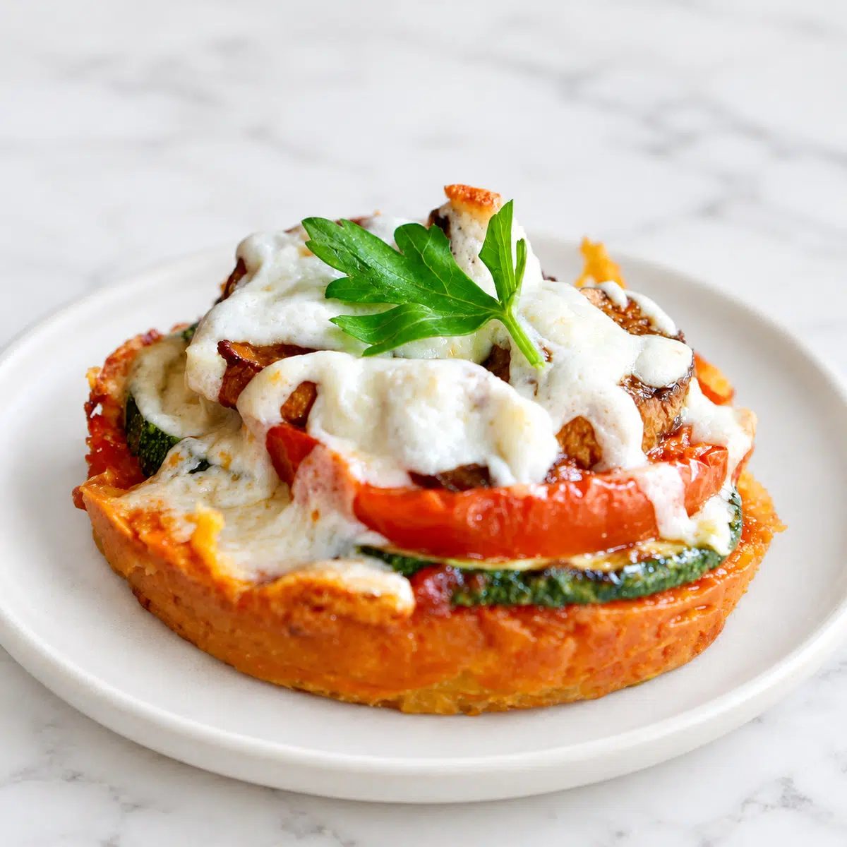 side view of chickpea pizza crust mini pizza on a plate