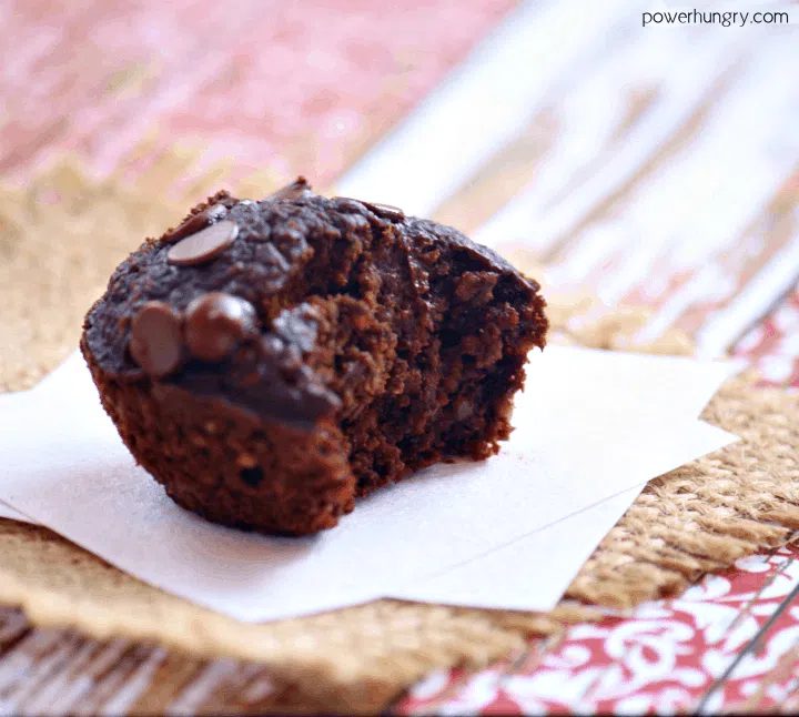 double chocolate vegan mini muffin with a bite taken out