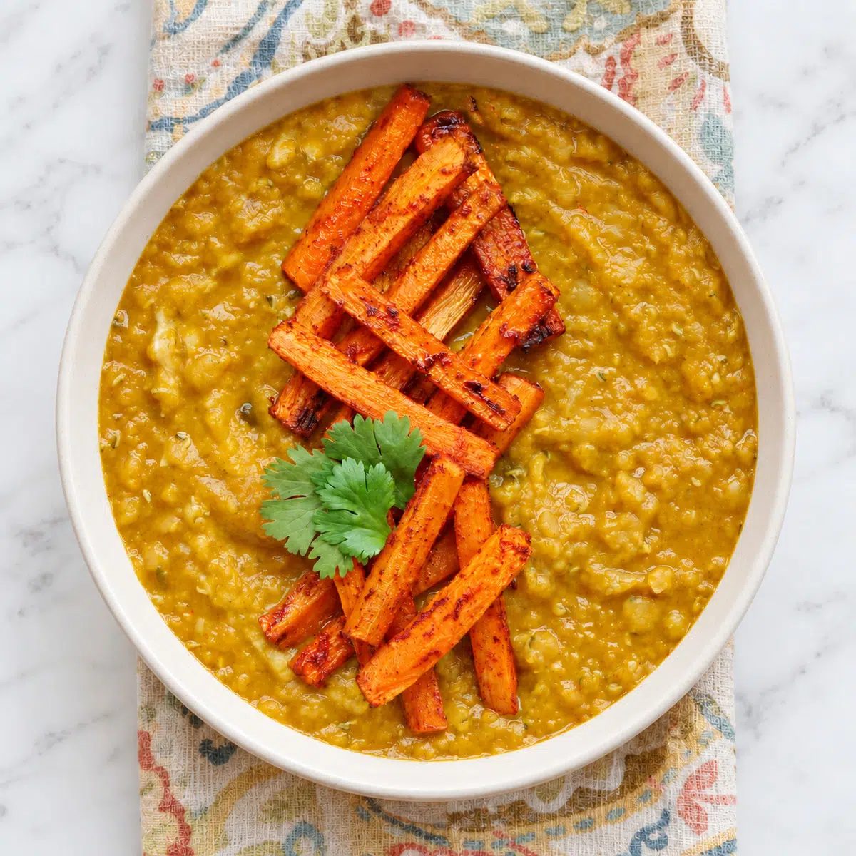 overhead image of moroccan lentils and roasted carrots
