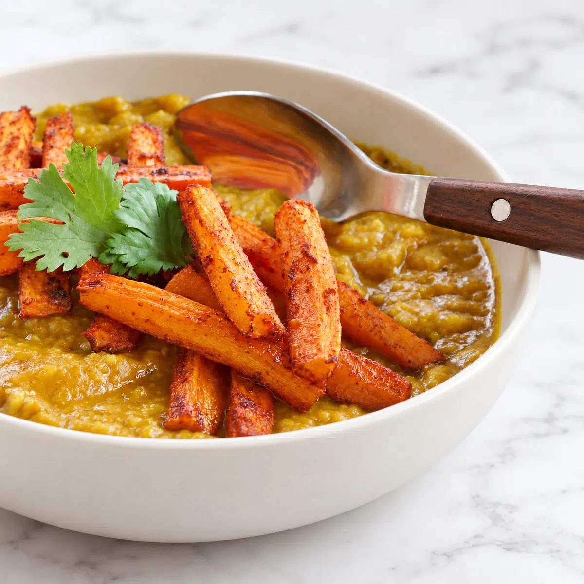 moroccan lentils and roasted carrots in a bowl with a spoon scooping up the lentils