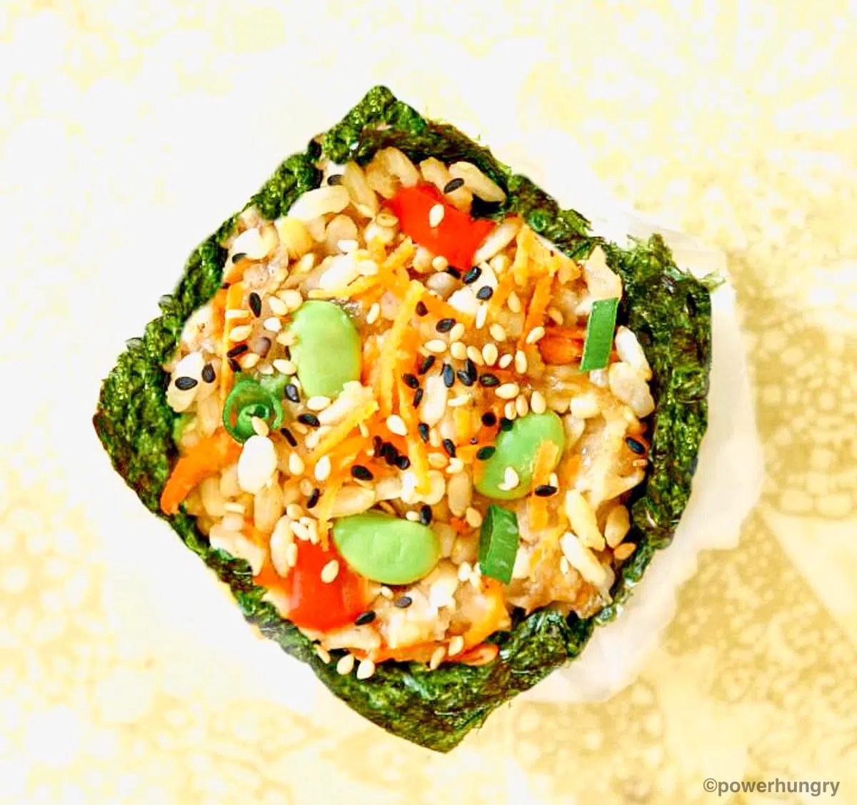 overhead shot of vegan muffin tin sushi