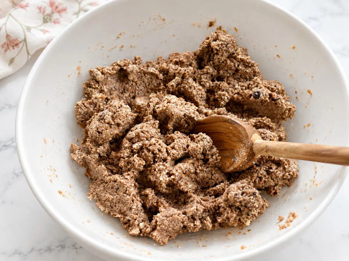 almond meat mixture in white bowl