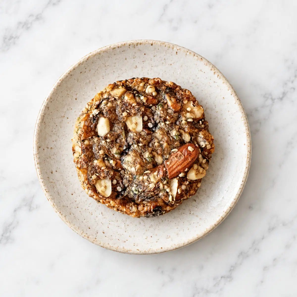 a single overhead shot of a mushroom flaxseed muffin