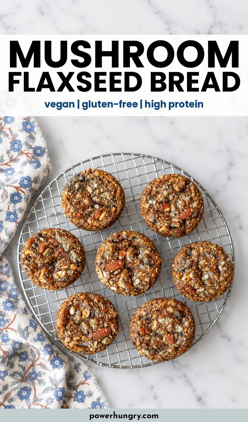 overhead shot of mushroom flaxseed bread on a cooling rack