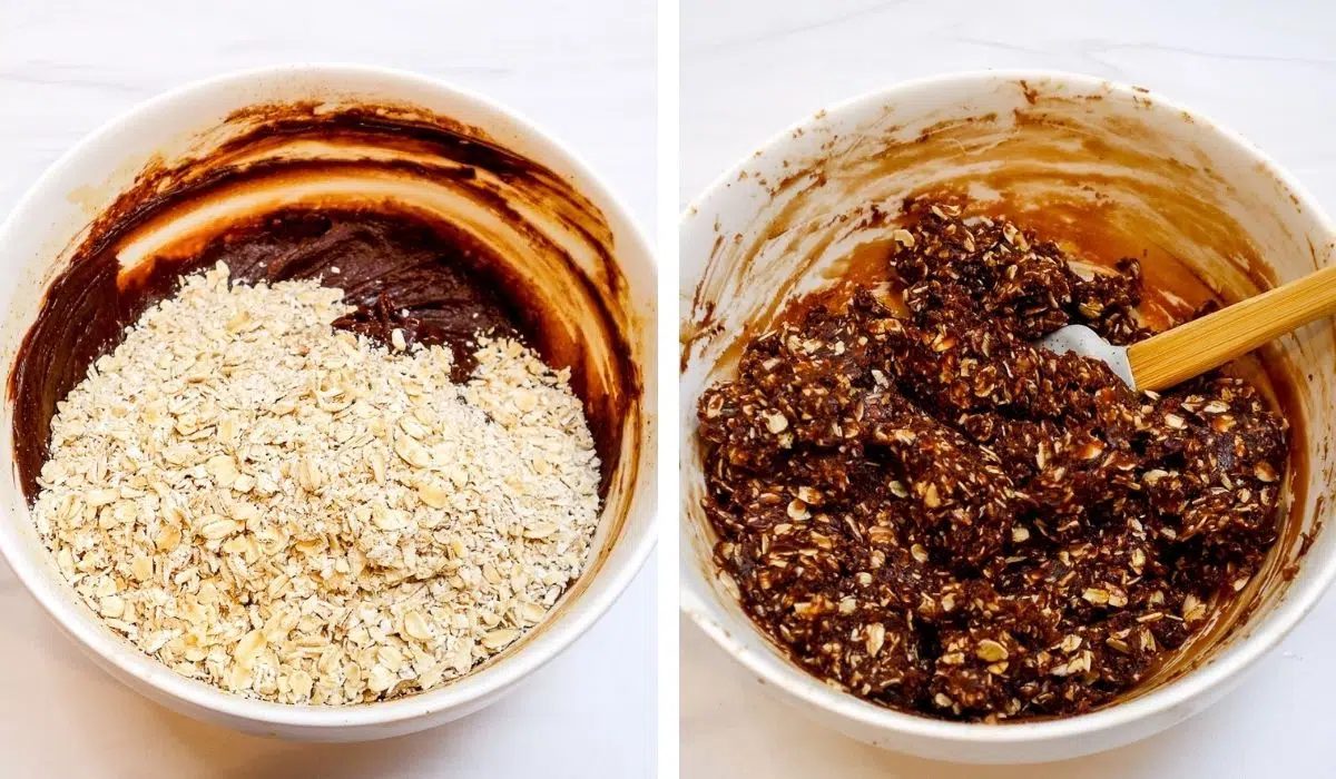 two photo collage showing how to make dough for chocolate oat no bakes