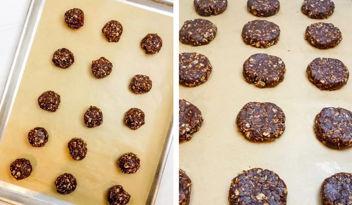 two photo collage showing the portioning and shaping of the cookie dough