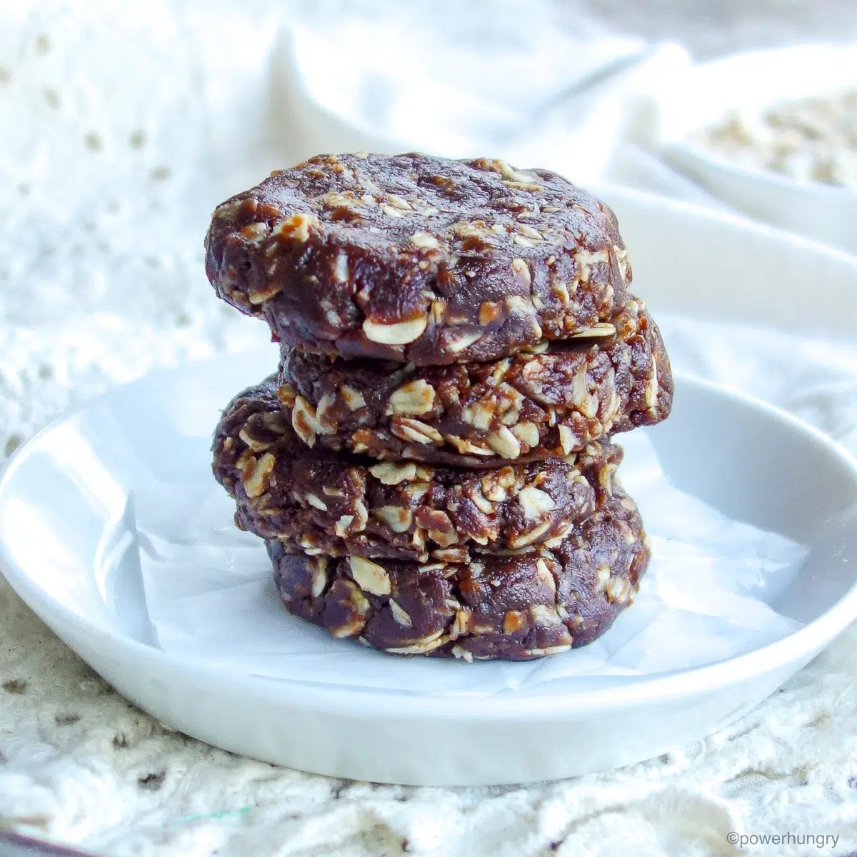stack of four no bake chocolate cookies