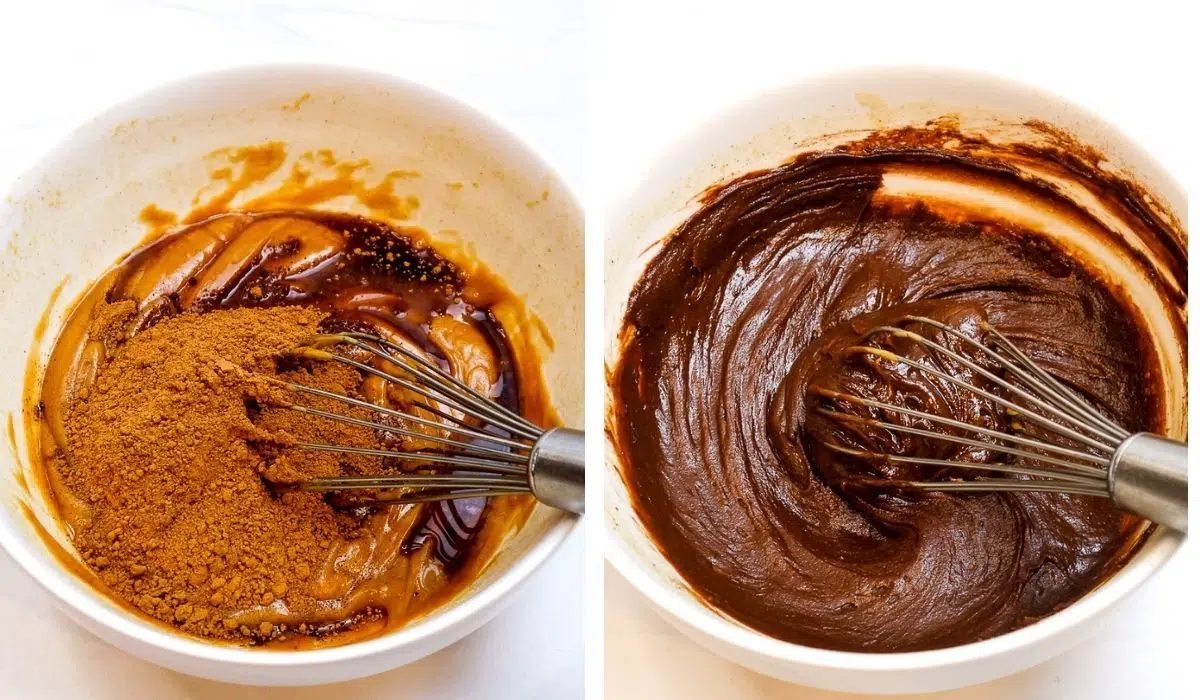 two photo collage showing the mixing of a cocoa powder peanut butter mixture