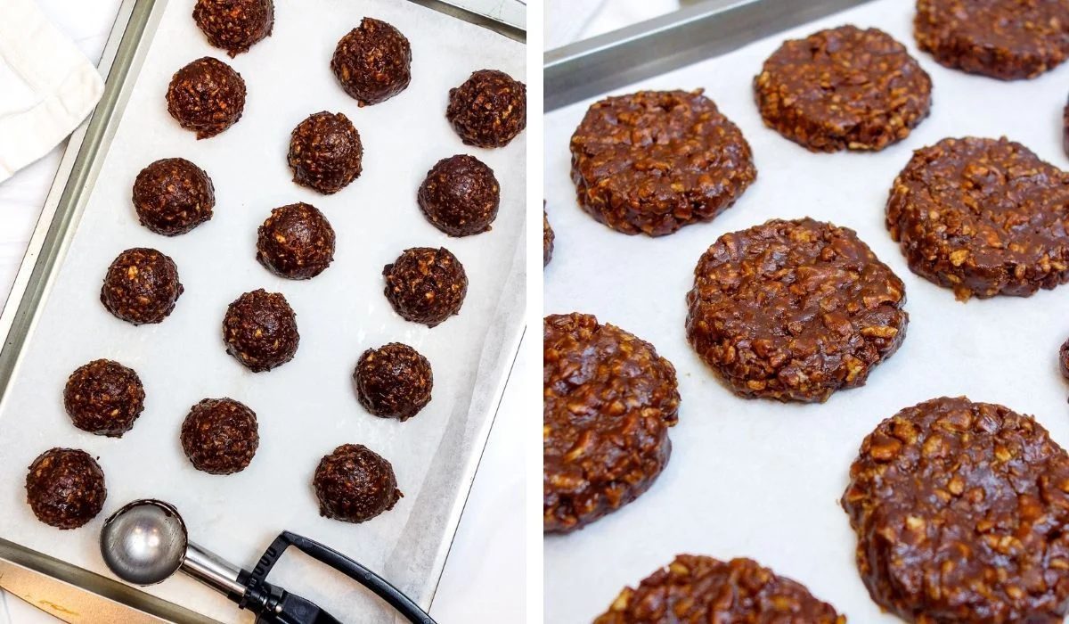 the shaping of tvp no bake cookies on a cookie sheet