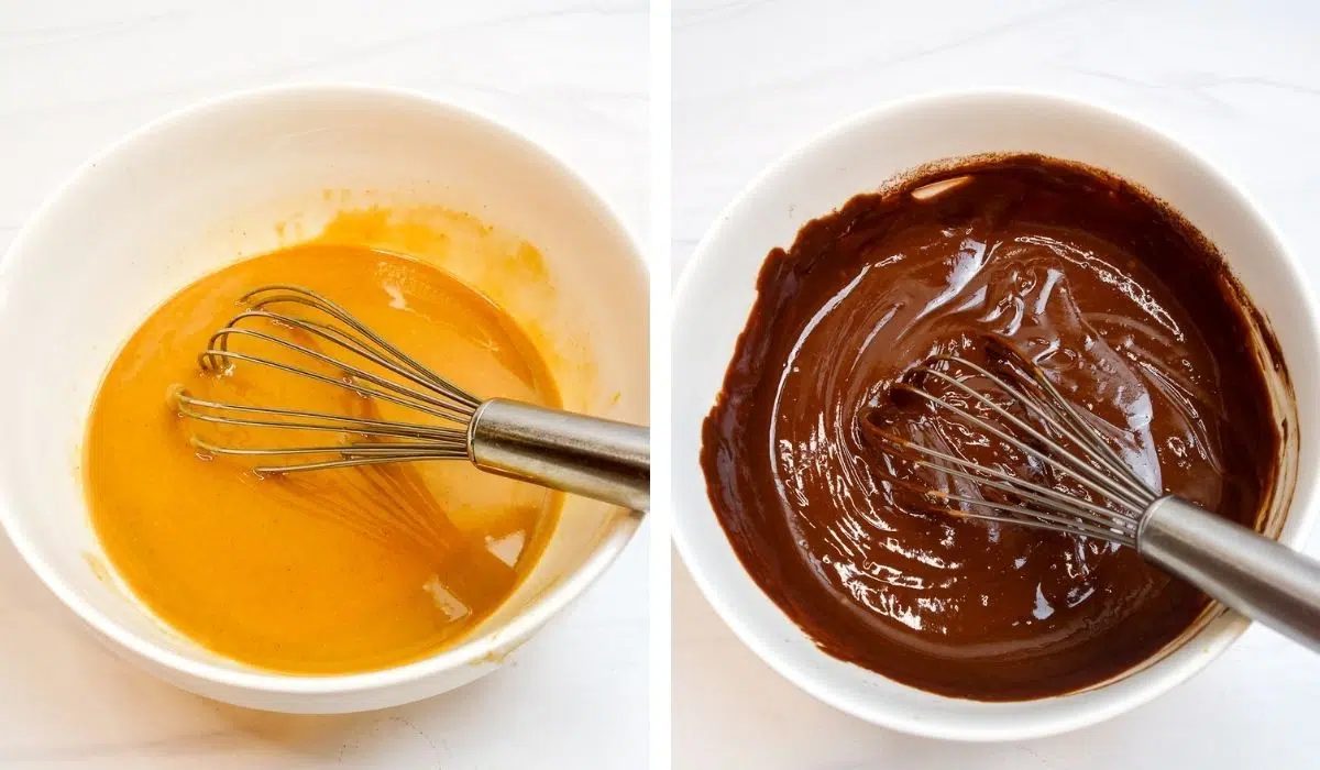 two photo collage showing the wet ingredients for tvp protein no bake cookies