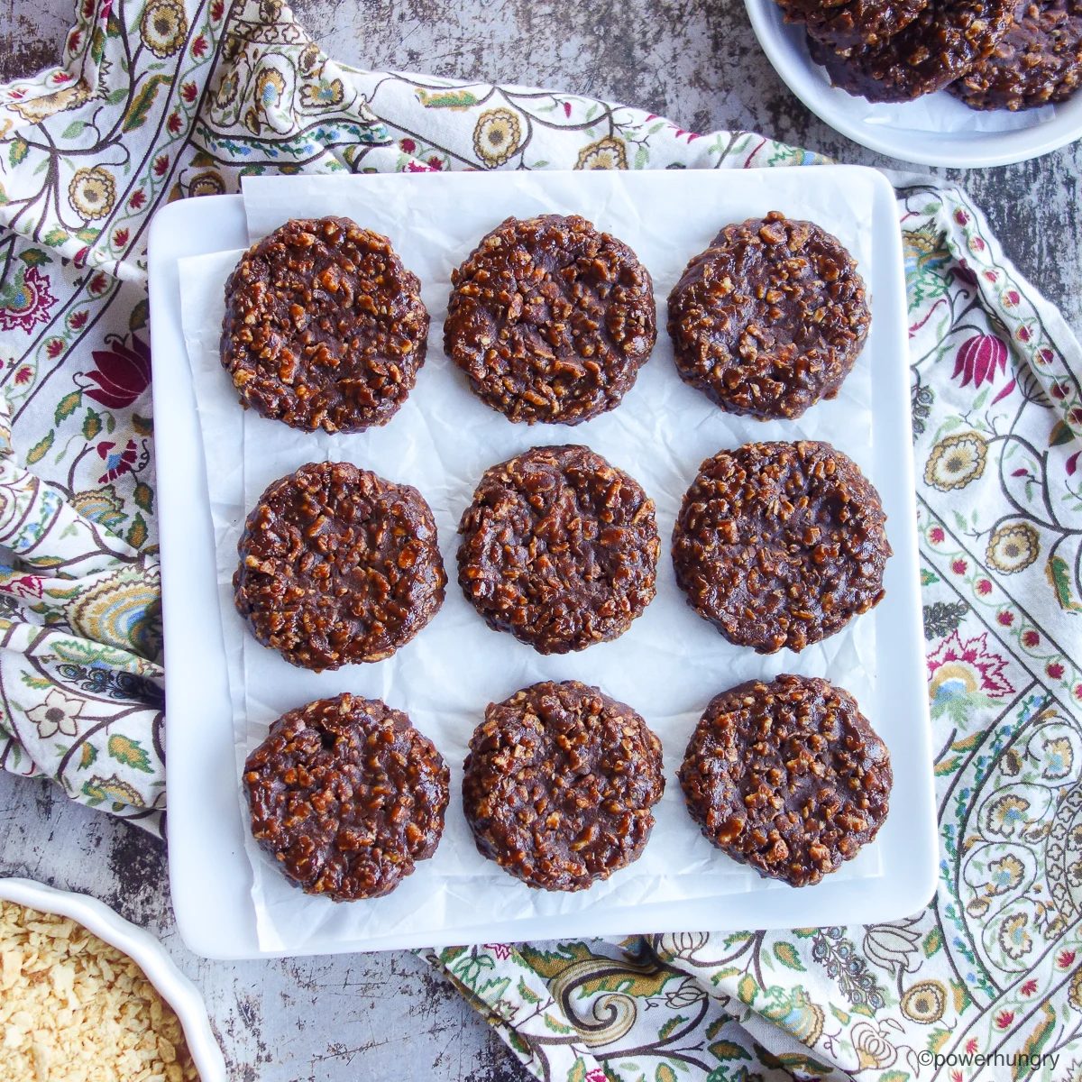tvp no bake chocolate cookies on a white plate