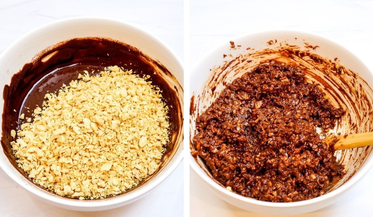 two photo collage showing how to make tvp no bake cookie dough
