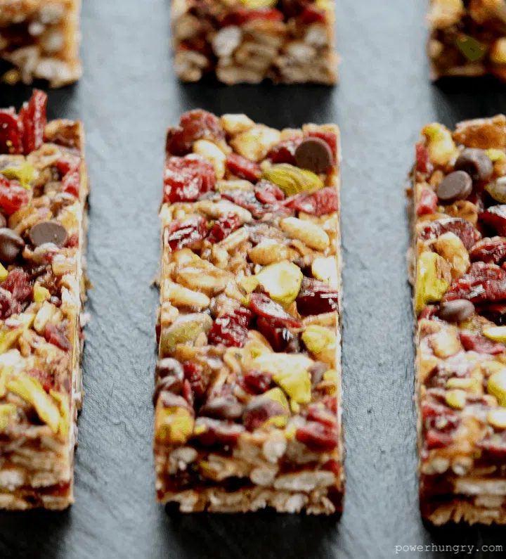 close-up of vegan granola bars on a piece of slate