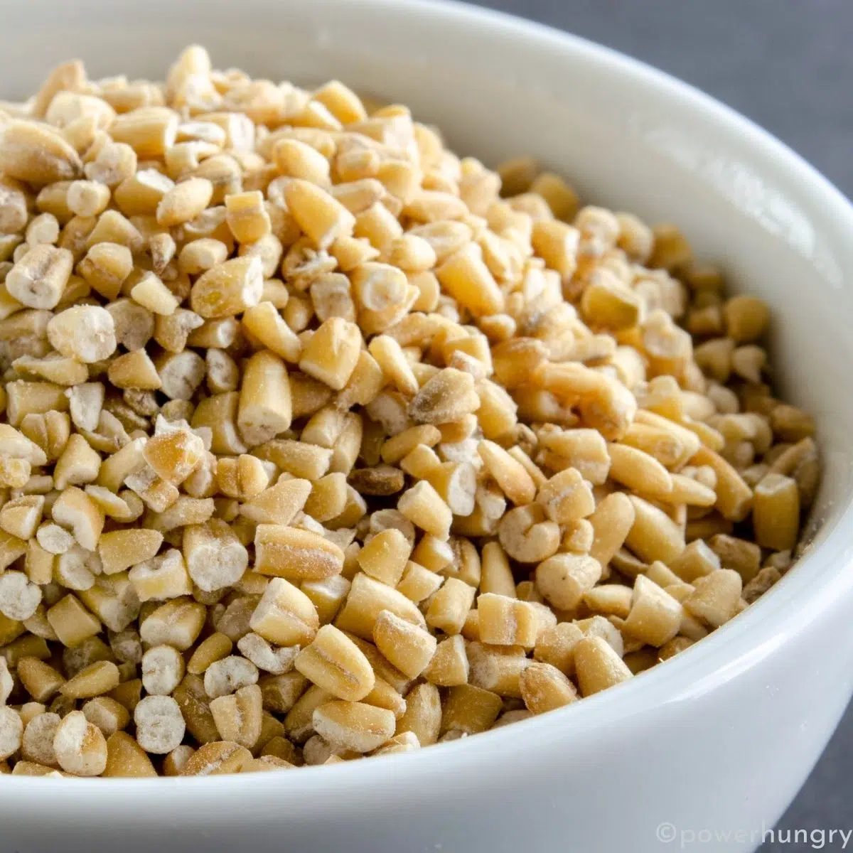 uncooked steel cut oats in a white bowl