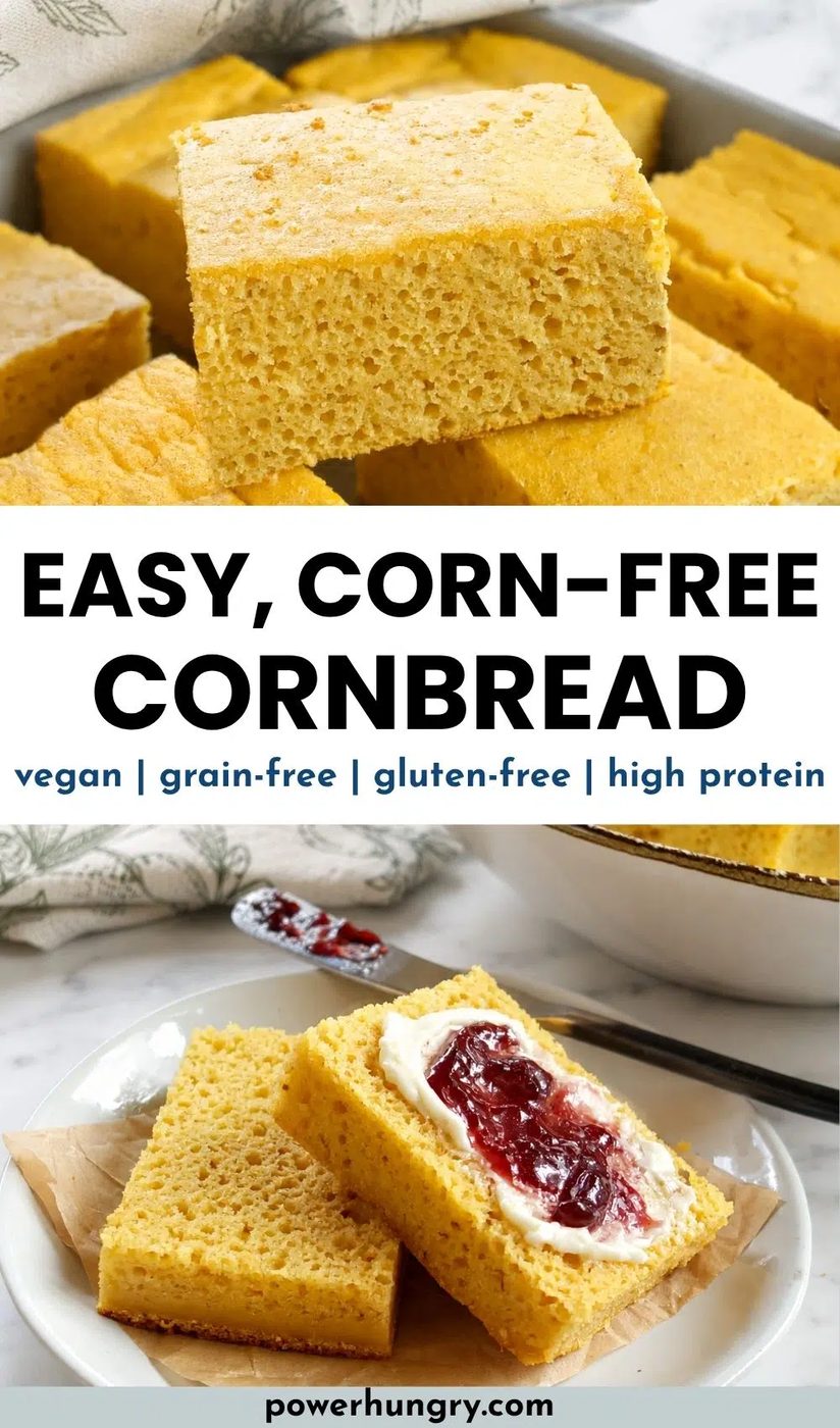 two photo collage of straightforward no corn cornbread, sliced