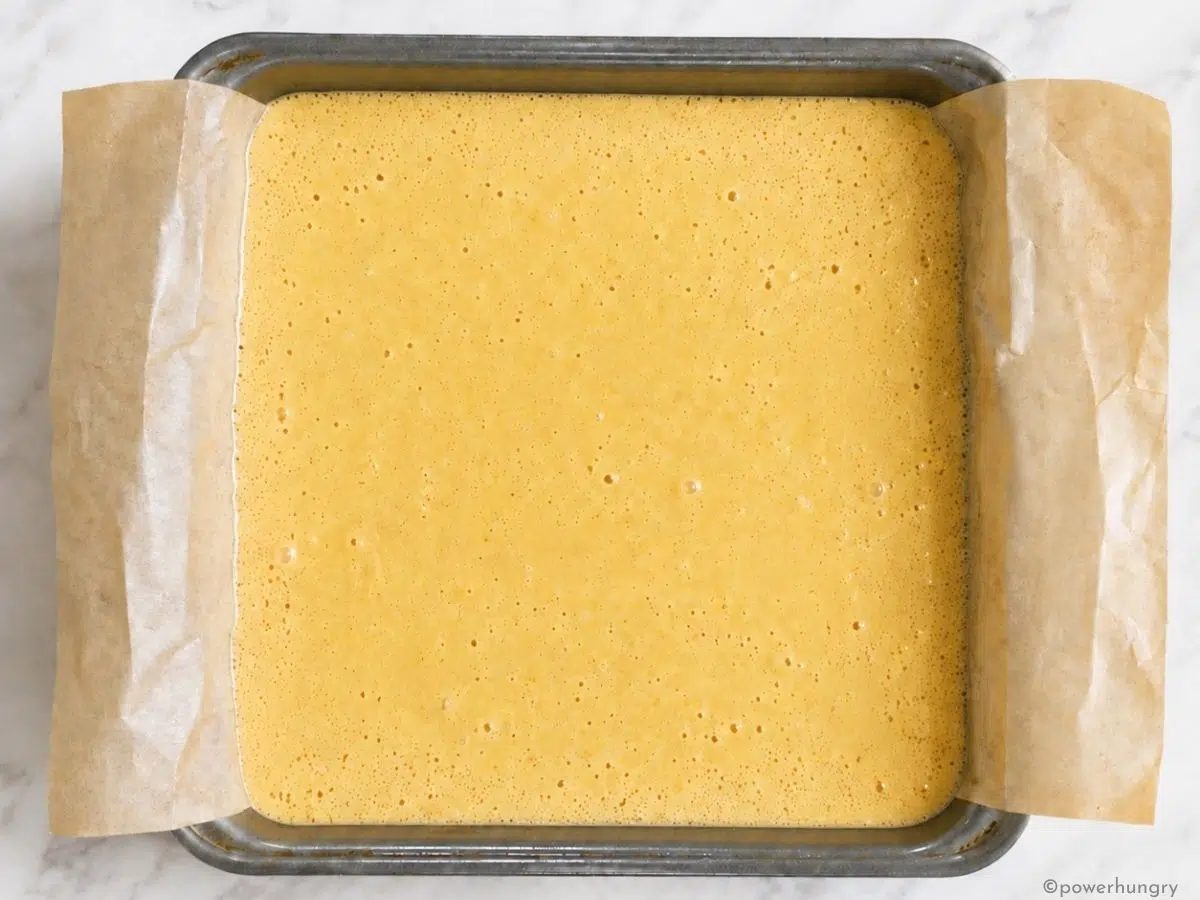 corn-free cornbread batter in a square baking pan